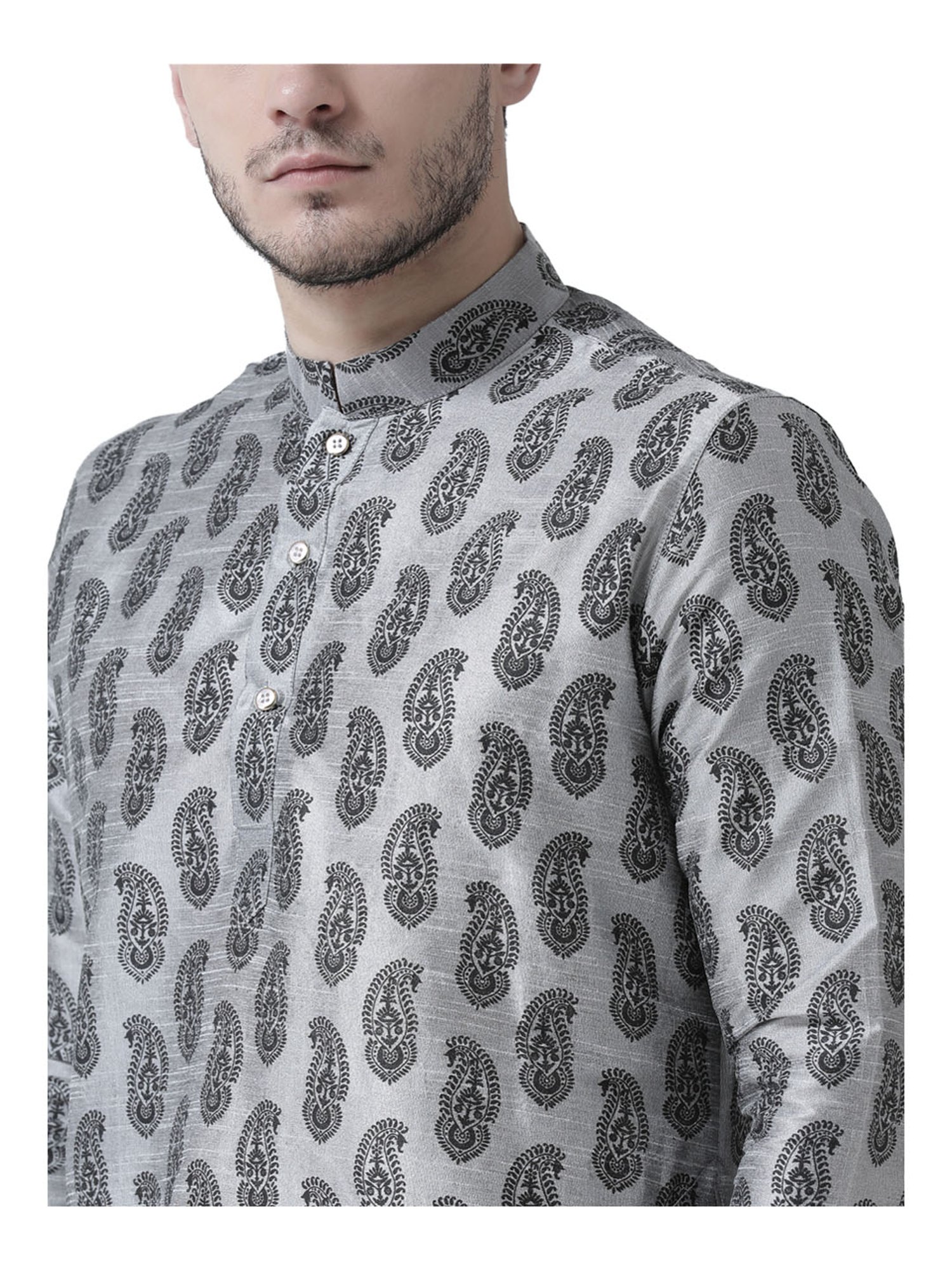 Deyann Light Grey Printed Mandarin Collar Silk Kurta Set