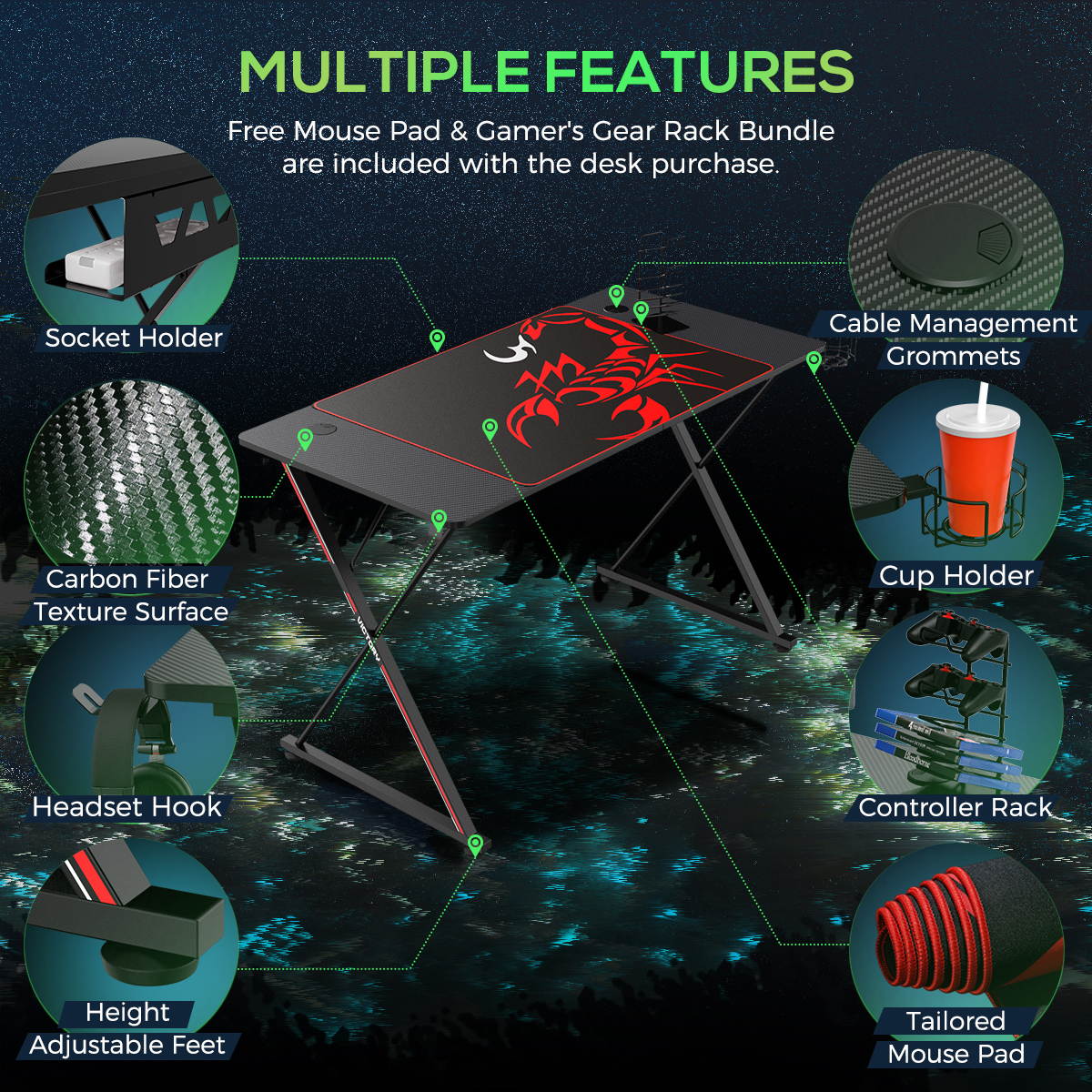 EUREKA ERGONOMIC Gaming Desk 47" Home Office Gaming Computer Desk, X Shaped Gamer Workstation PC Table with Controller Stand Cup Holder Headphone Hook Free Mousepad, Black