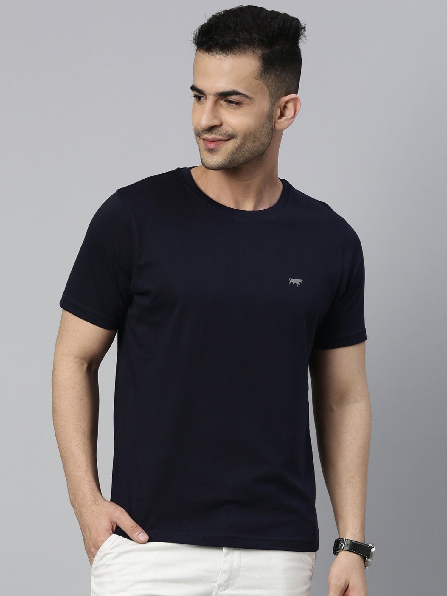 Bushirt Navy Regular Fit Cotton Crew T-Shirt