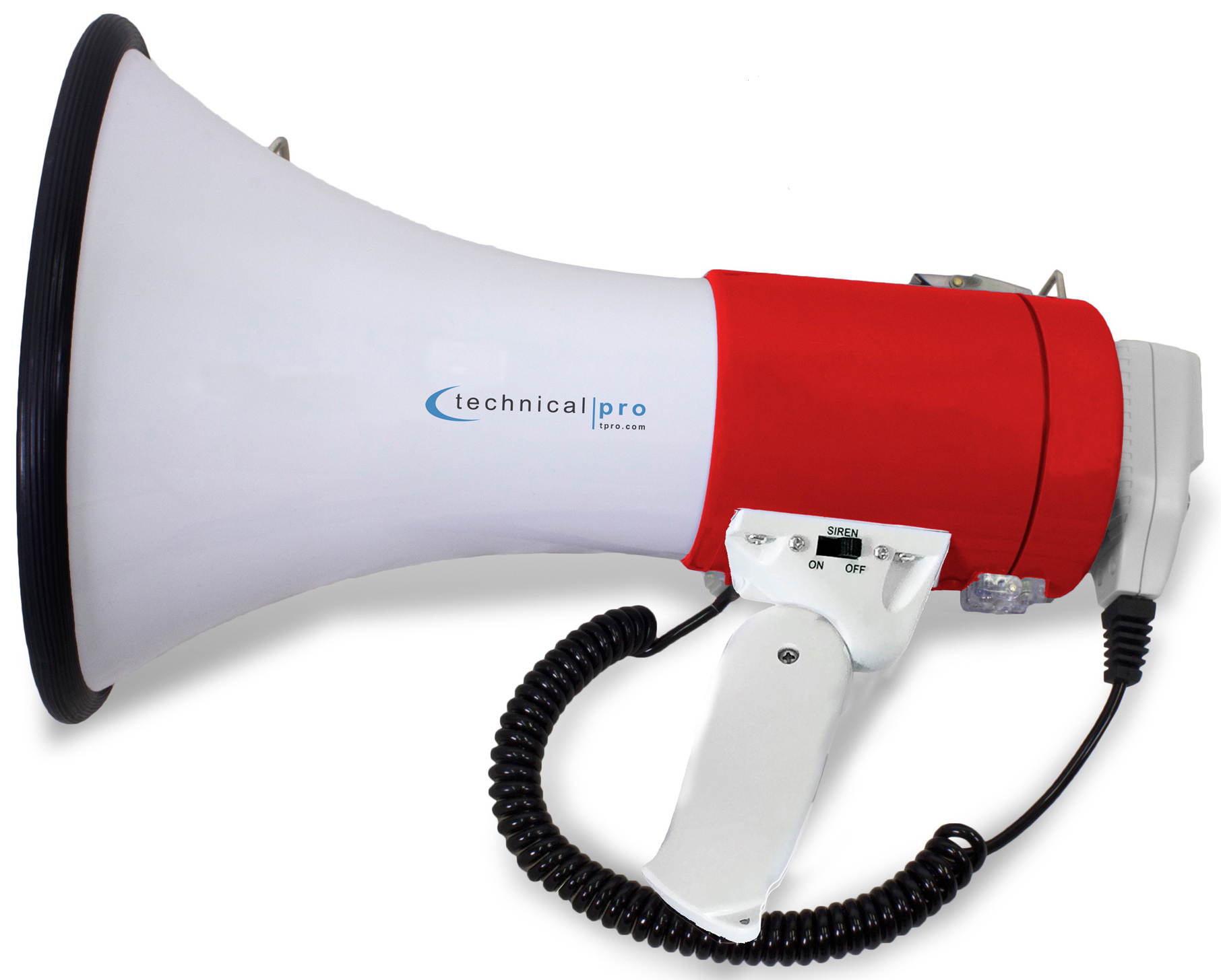 Technical Pro, Red Megaphone 50-Watt Siren Bullhorn - Bullhorn Speaker w/Detachable Microphone, Portable Lightweight Strap Detachable PA - Professional Outdoor Voice for Police & Cheer leading