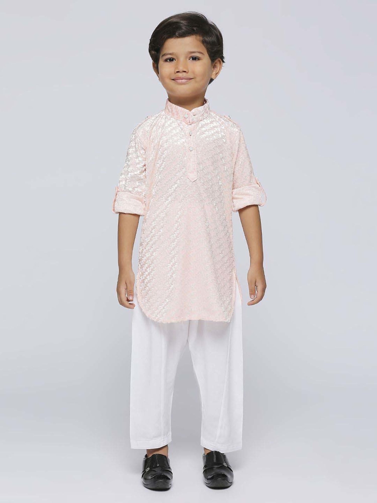 Kids Island Boys Peach Embossed Full Sleeves Kurta Set