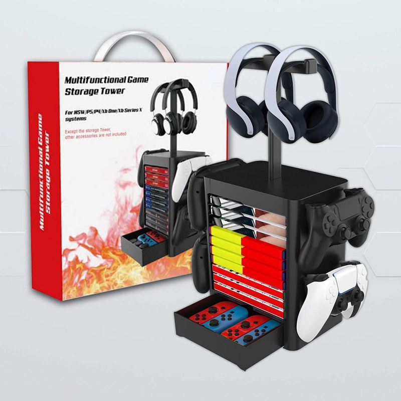 Ackmioxy Headset and Game Organizer (up to 10 Games) for PS5 PS4 Playstation/Xbox Series S & X/Switch Accessories, Headphones, Game Discs, Joy Cons, DualSense, Controllers, Black