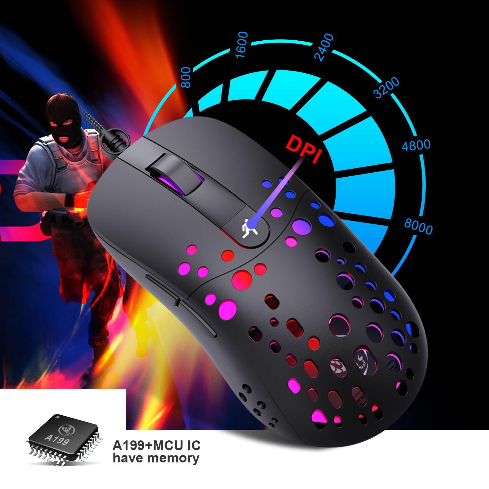 Wired USB Gaming Mouse with Ergonomic Programming Design 6 Keys 6-level Adjustable DPI,8000dpi RGB Rainbow Backlit for Notebook Laptop PC Desktop Computer