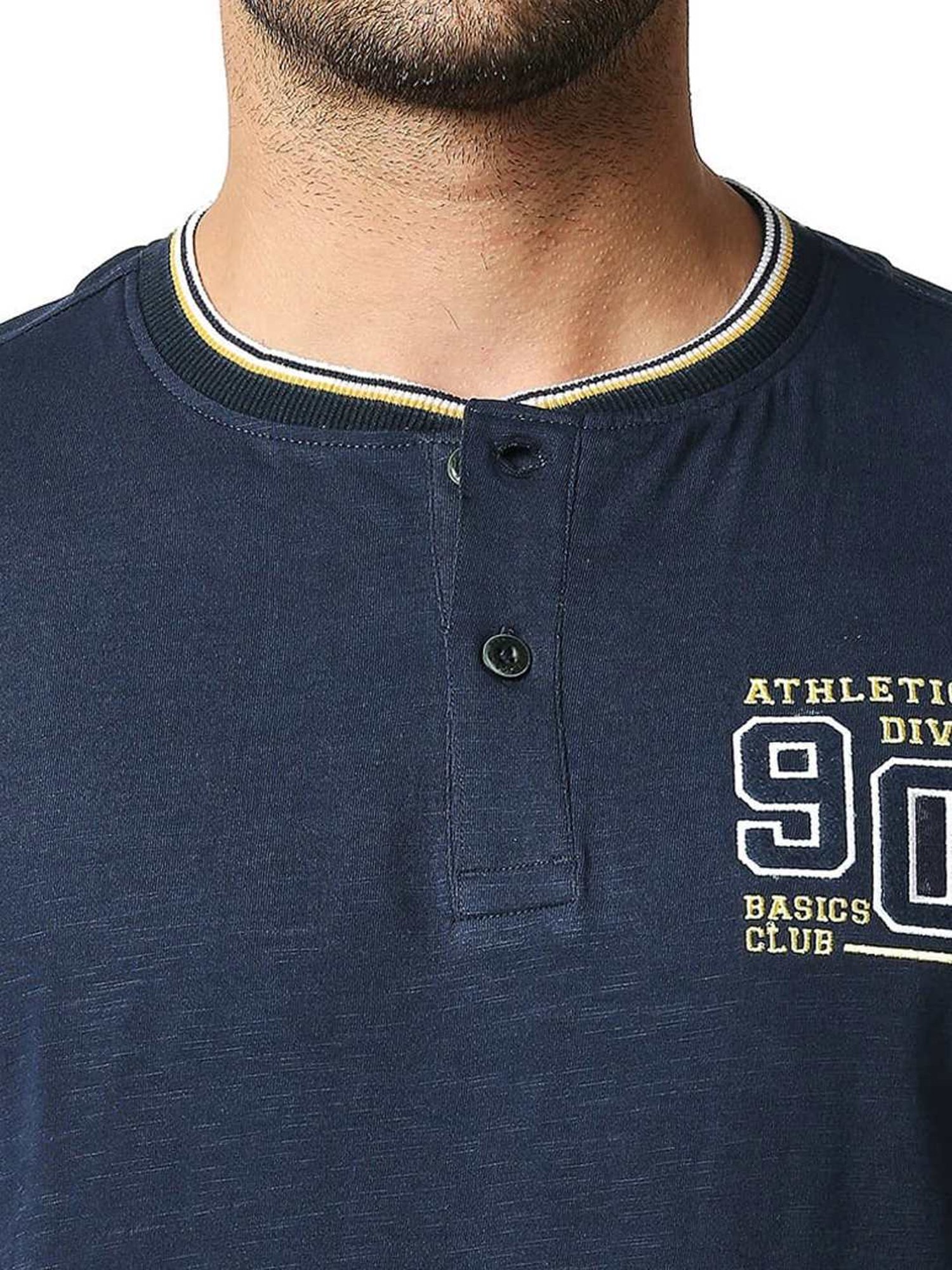 Basics Dress Blue Cotton Muscle Fit Henley T-Shirt