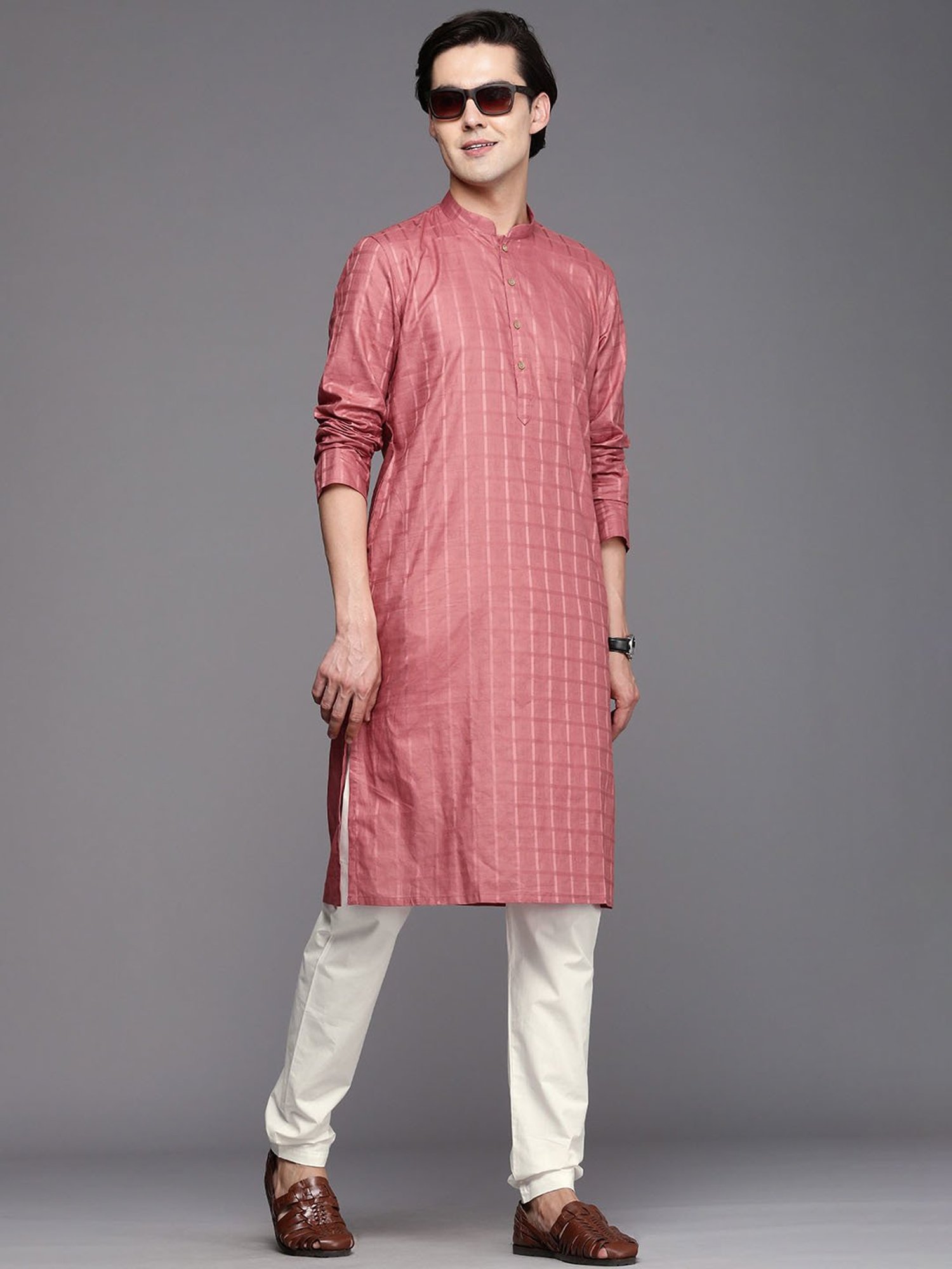 Manyavar Rust & Light Cream Regular Fit Self Design Kurta & Pyjamas Set