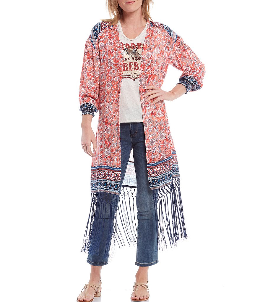Reba 3/4 Billow Sleeve Fringe Border Print Open Front Kimono