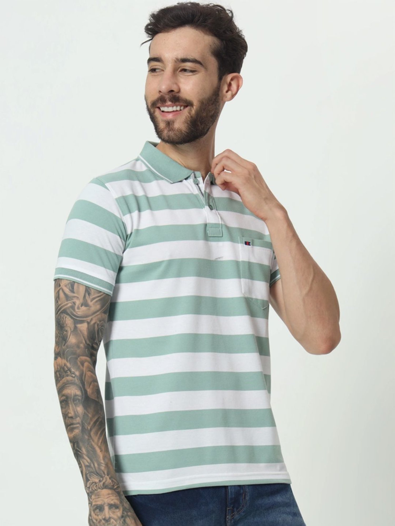 Tab91 Green Regular Fit Striped Polo T-Shirts
