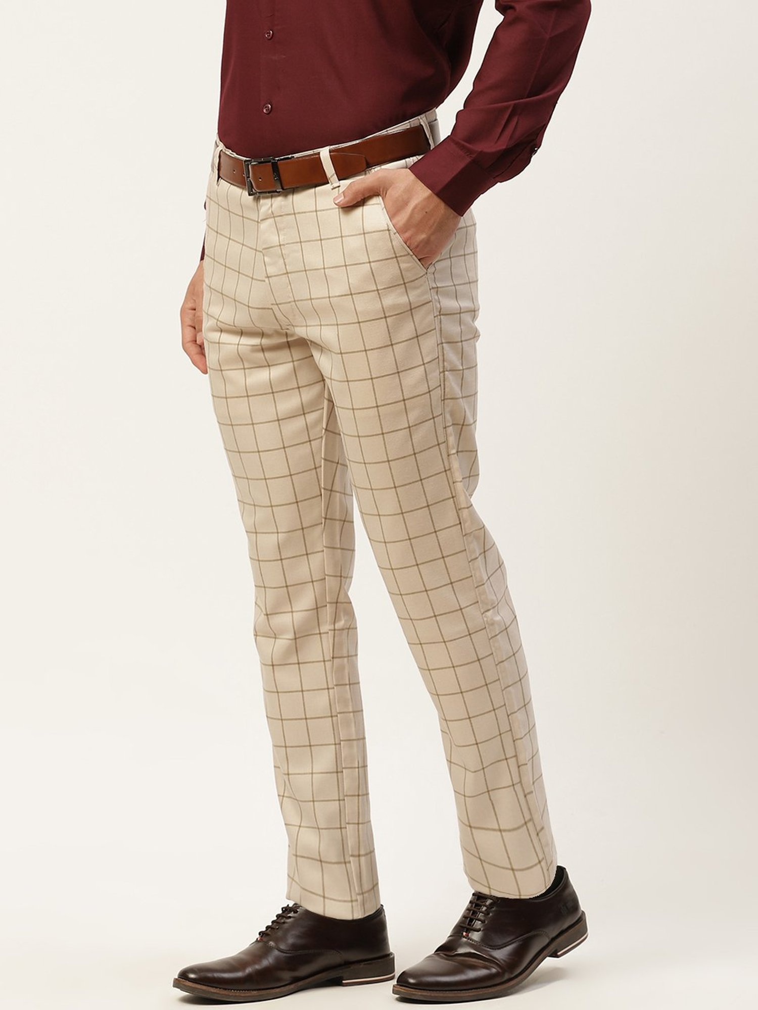 Sojanya Beige Cotton Regular Slim Fit Checks Flat Front Trousers