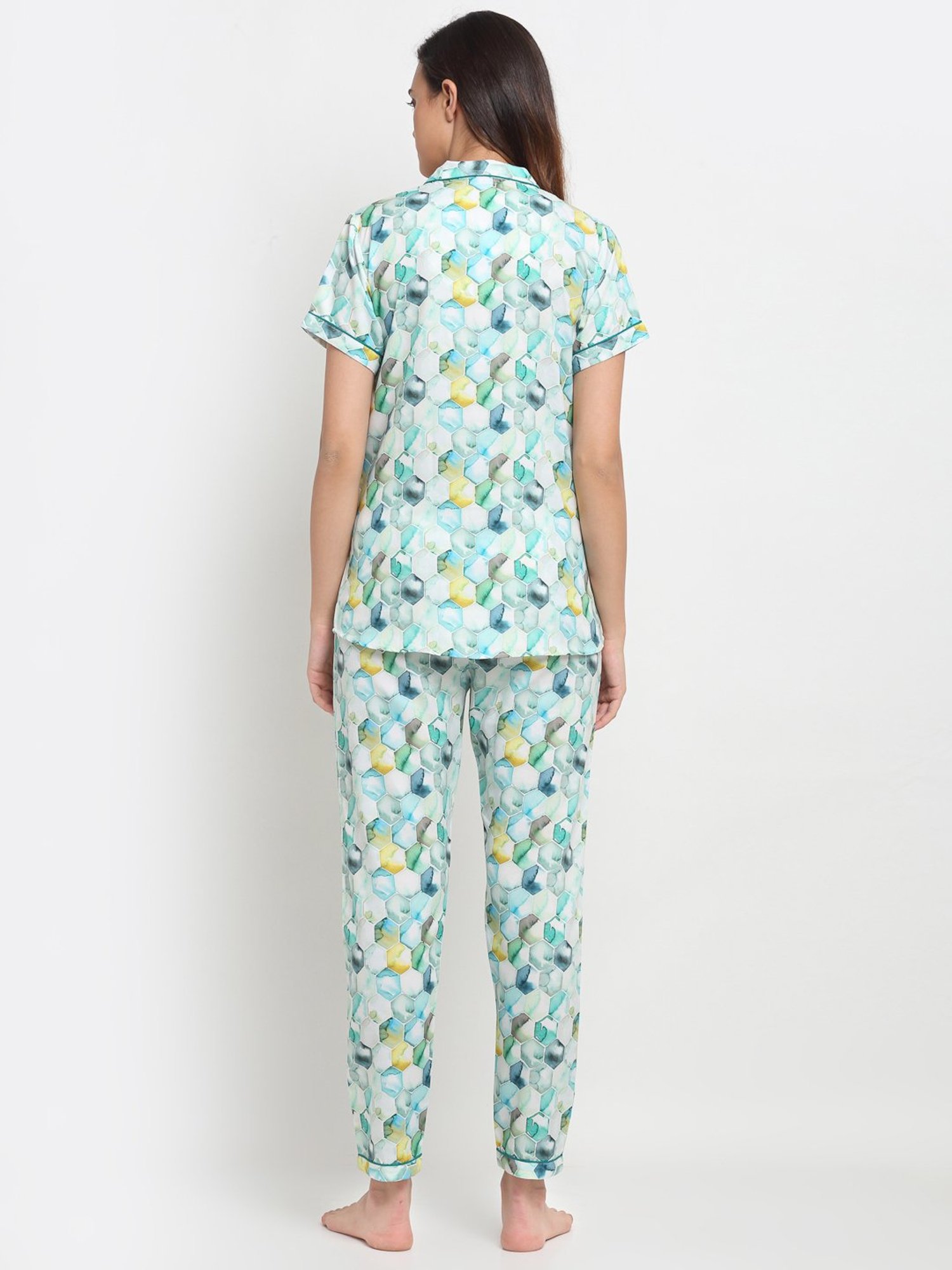 Erotissch White & Green Printed Shirt Pyjama Set