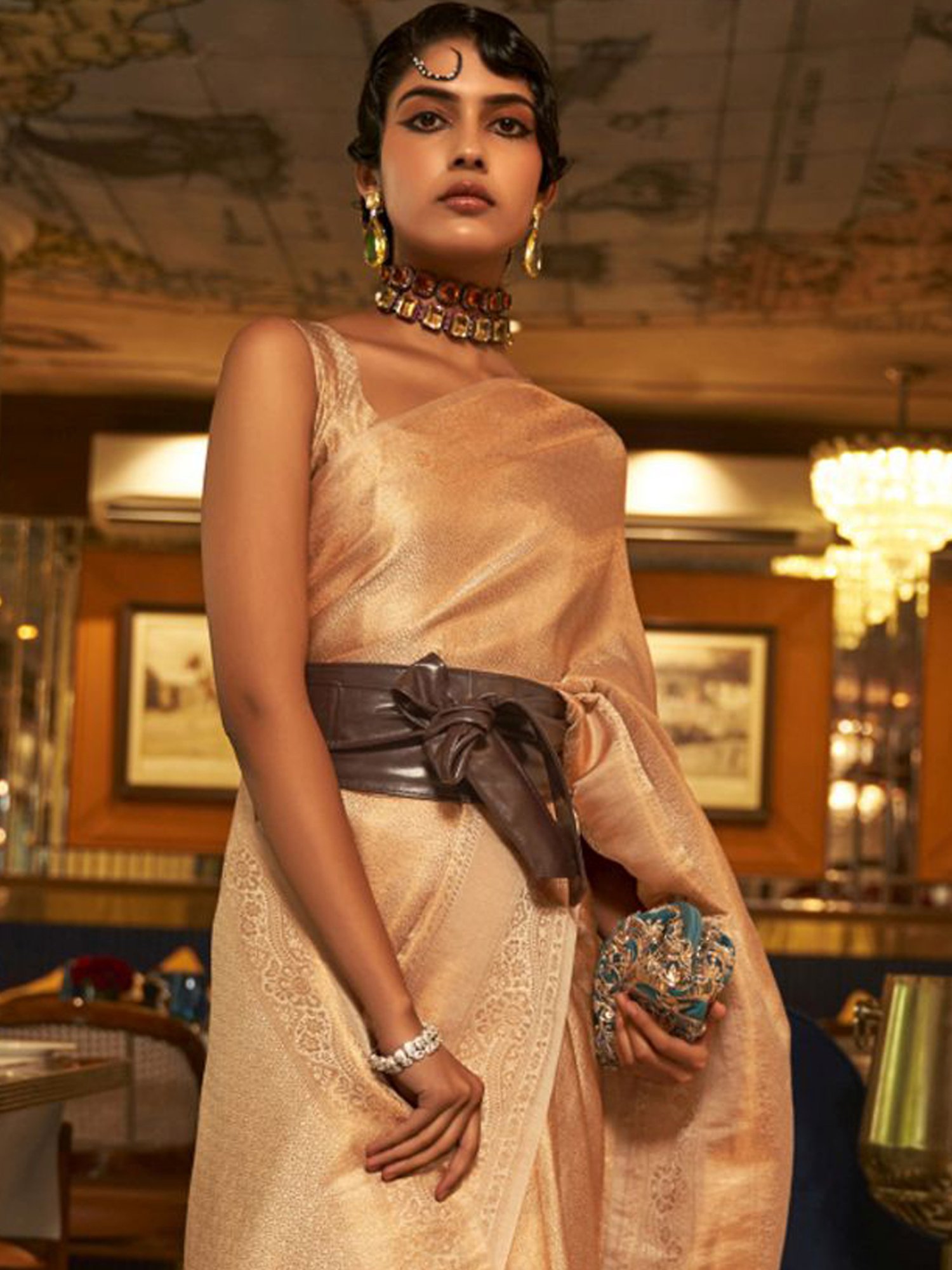 Elora Beige Woven Saree With Unstitched Blouse