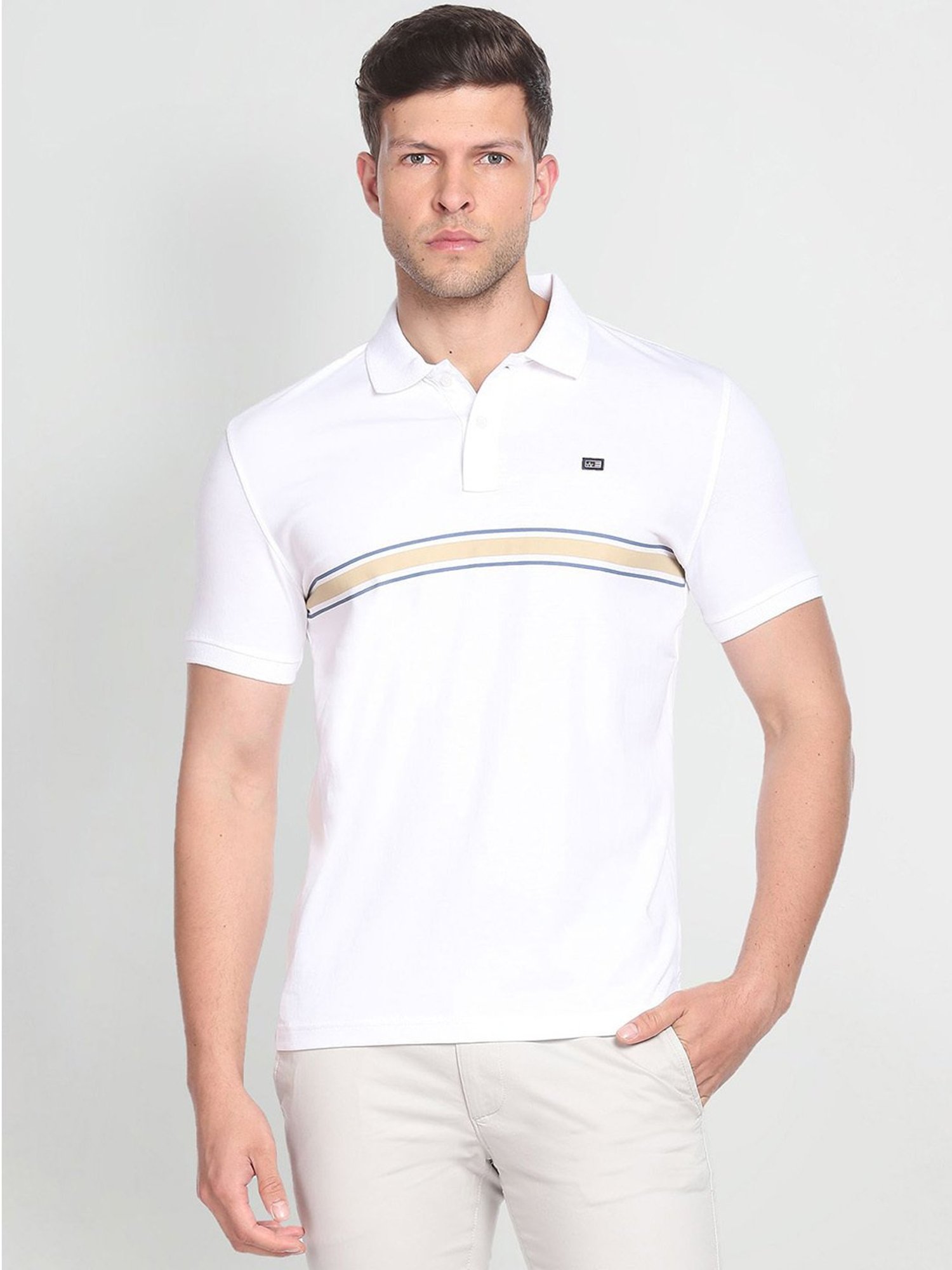 Arrow Sport White Cotton Regular Fit Striped Polo T-Shirt