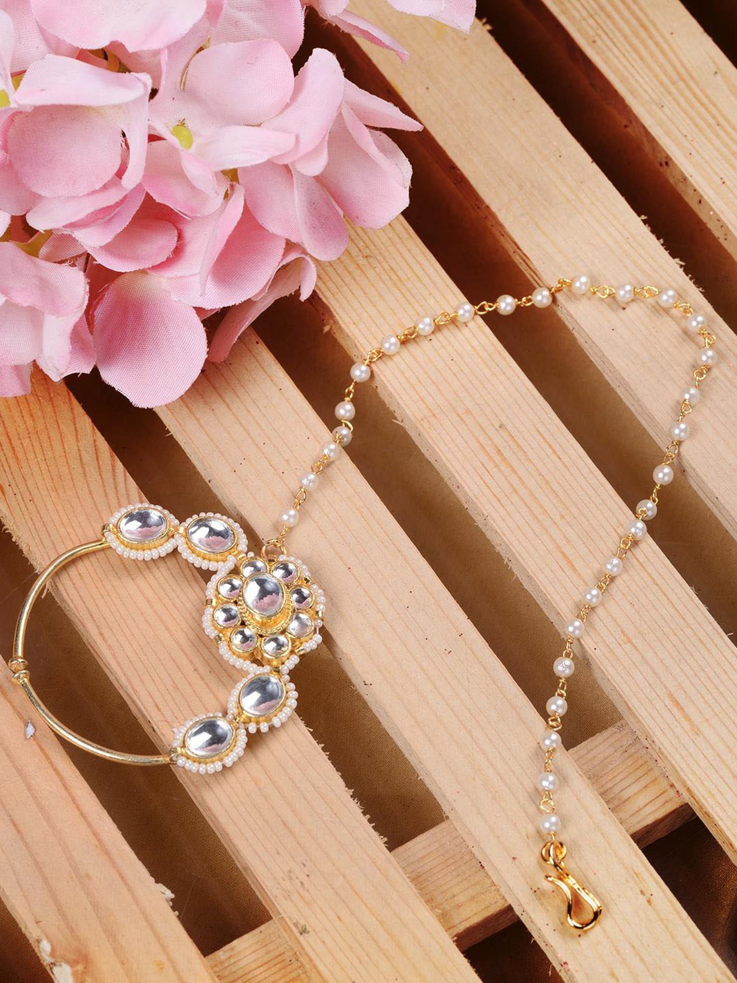 Saraf Rs Jewellery Gold Plated White Kundan Studded Floral Design Nath For Modern Brides