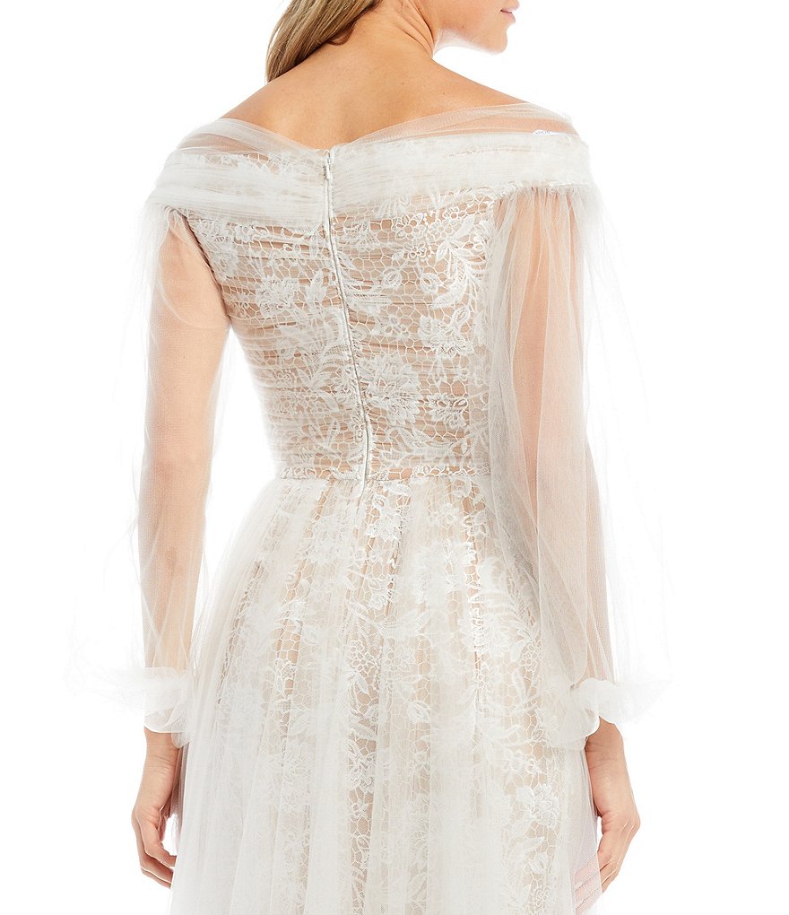 Tadashi Shoji Lace Tulle Layered Off-the-Shoulder Balloon Sleeve Bridal Ball Gown