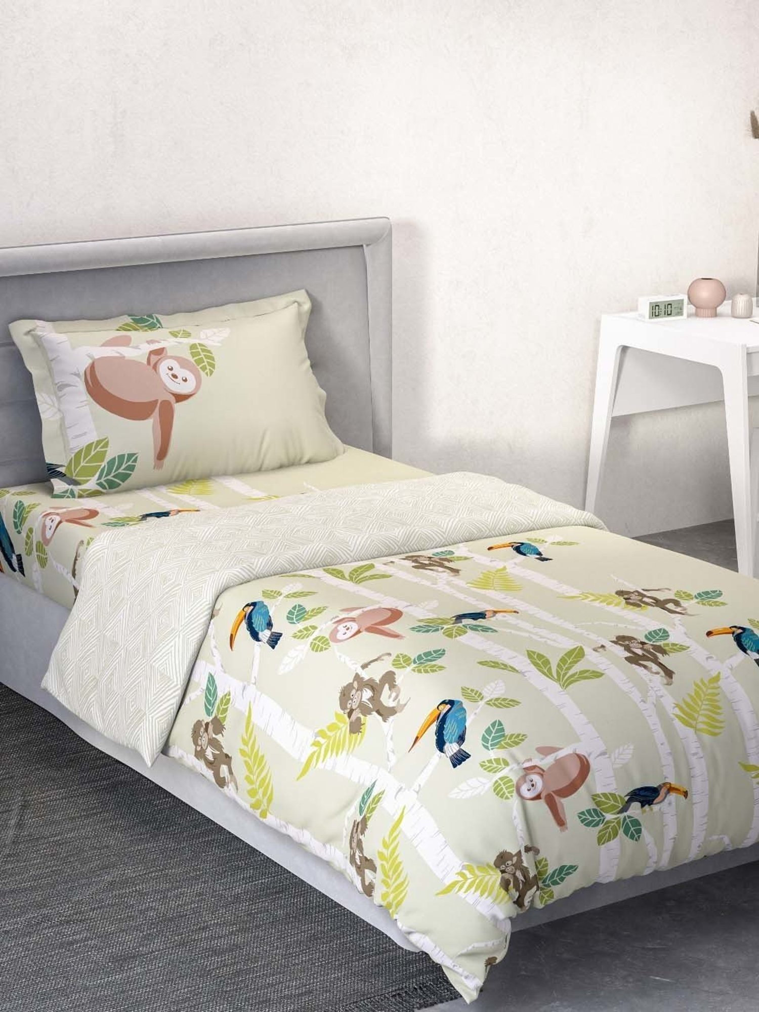 Living Roots Printed Grey 300 TC Cotton Single Diwan - Set of 8