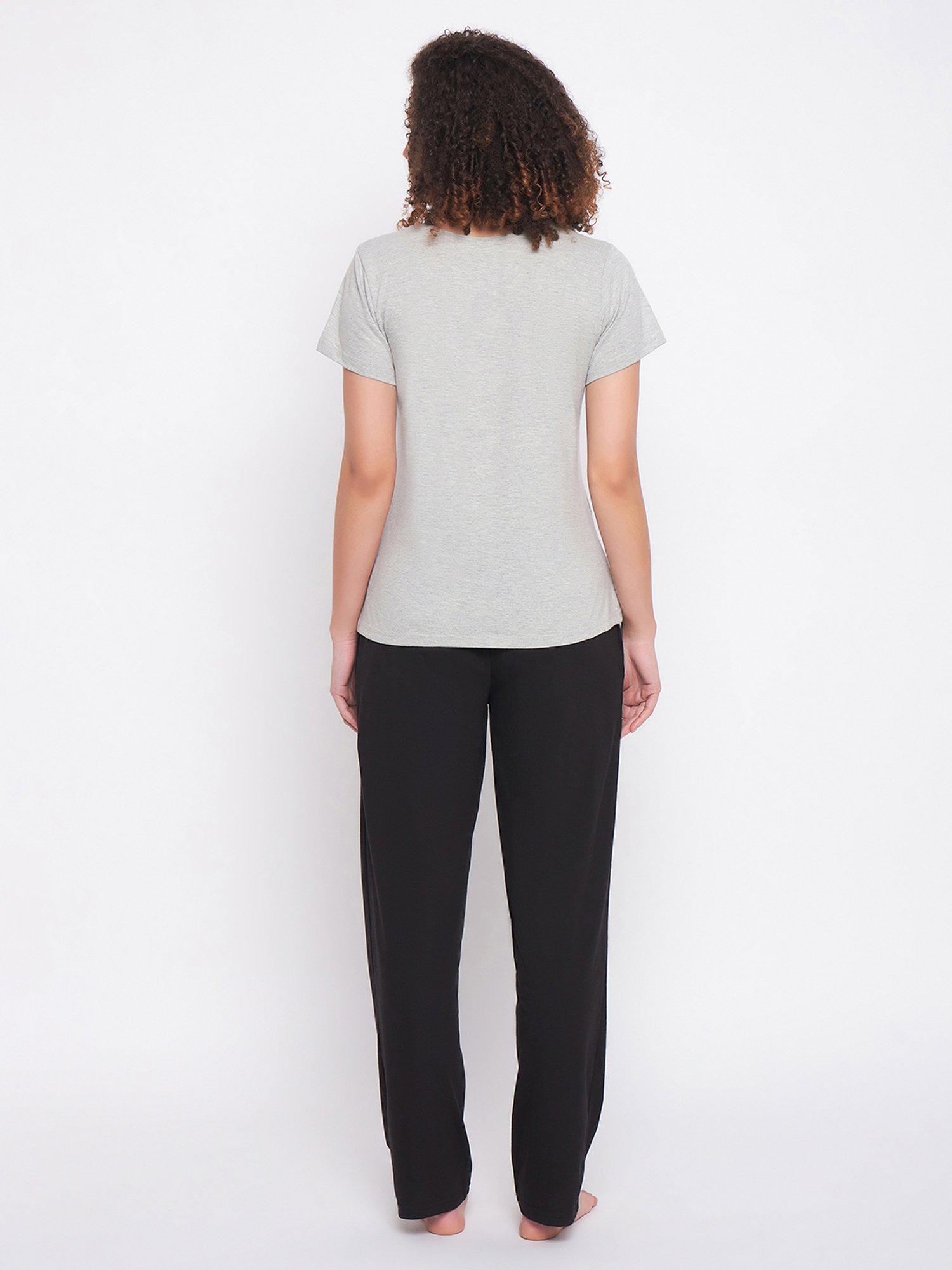 Clovia Grey & Black Cotton Printed T-Shirt With Pyjamas