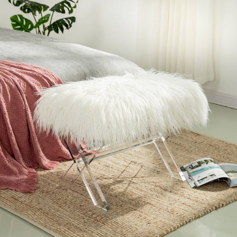 26" Faux Fur Upholstered Bench with Acrylic X Leg White - Glitzhome