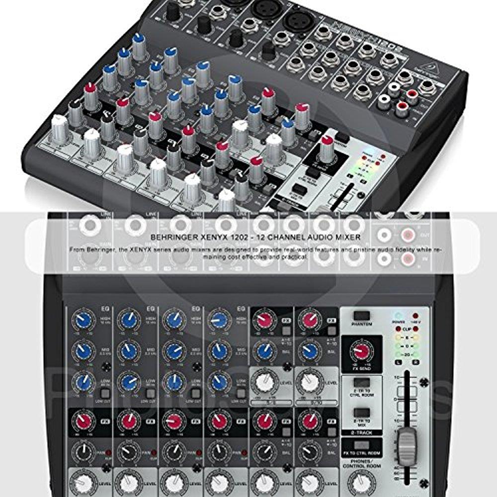Behringer XENYX 1202 12 Channel Audio Mixer and Deluxe Bundle w/ Samson Dynamic Mic + Closed-Back Headphones + Desktop Mic Stand + More