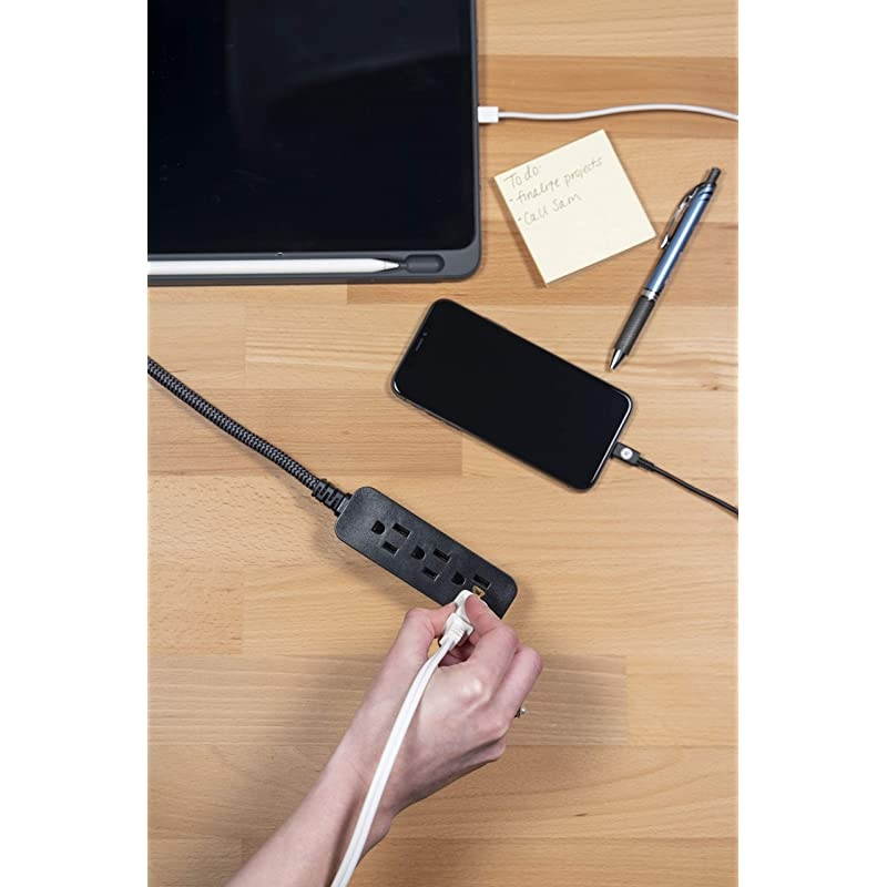 Black Designer Power Strip 6 Inch Braided Extension 3 Grounded Outlets Flat Plug Mini Cord Premium 45191