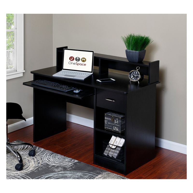 OneSpace 50-LD0105 Essential Computer Desk, Hutch, Pull-Out Keyboard - Black