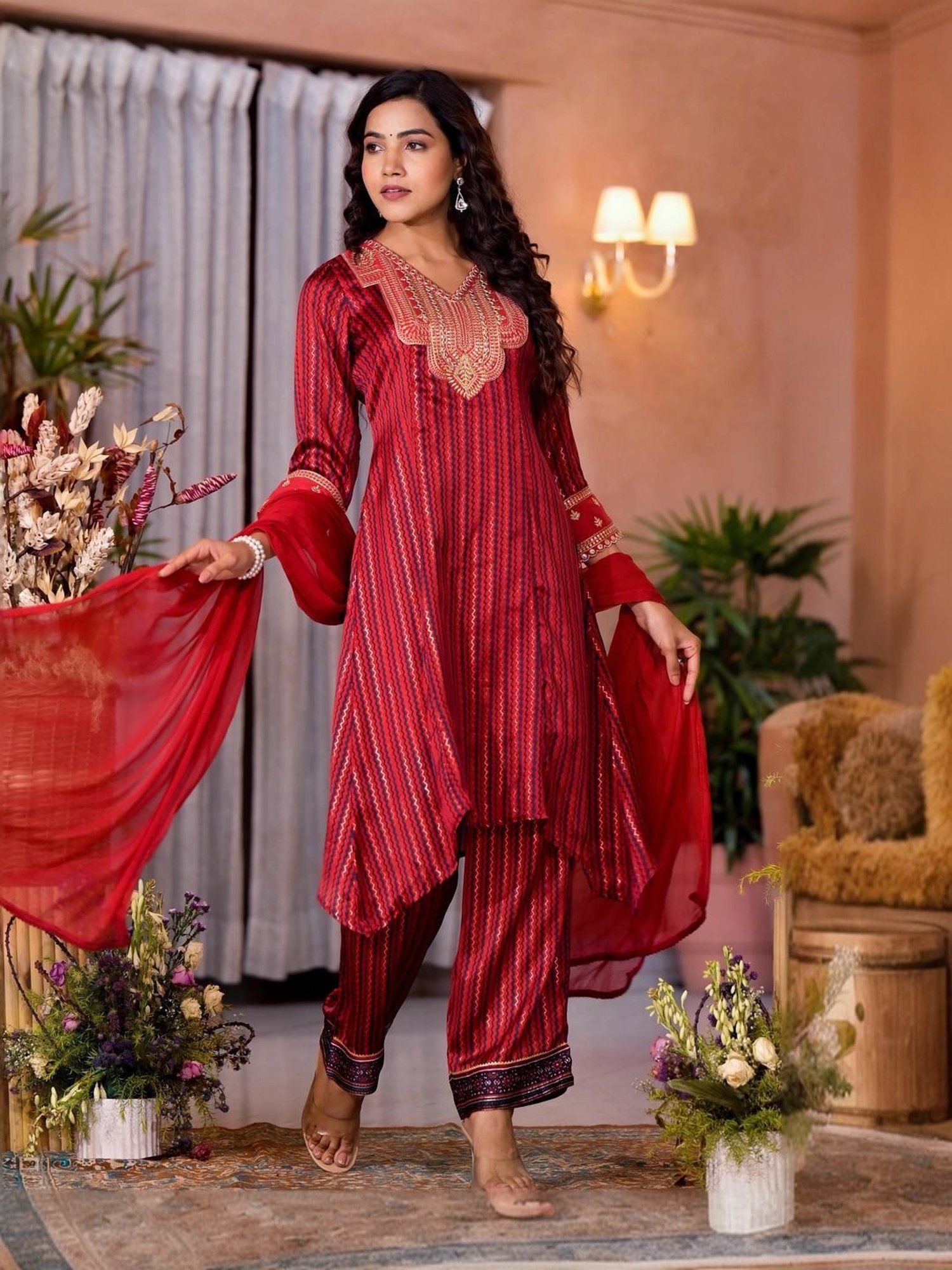 Juniper Red Embroidered Kurta Pant Set With Dupatta
