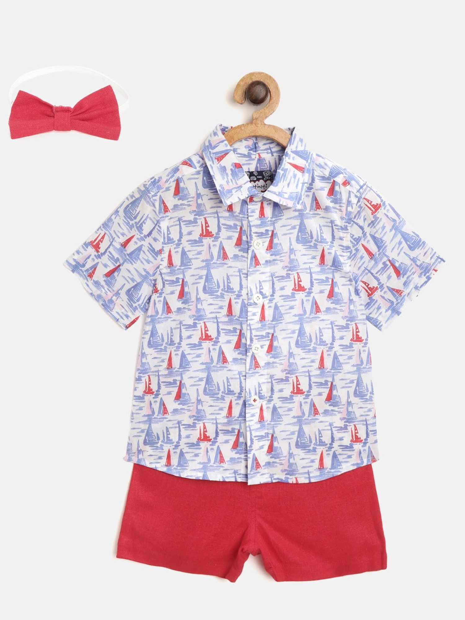 Nauti Nati Kids Blue & Red Printed Shirt, Shorts with Bow