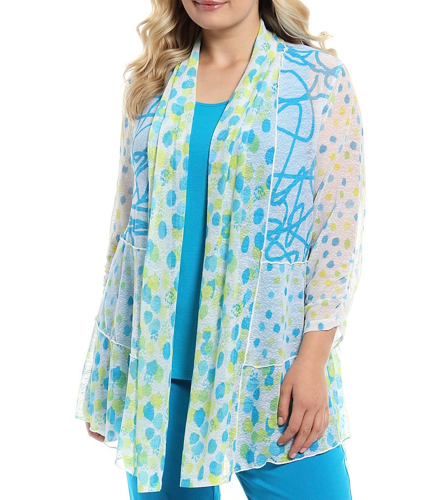 Multiples Plus Size Dots & Squiggles Print Onionskin 3/4 Bungee Sleeve Open-Front Hi-Low Drapey Jacket