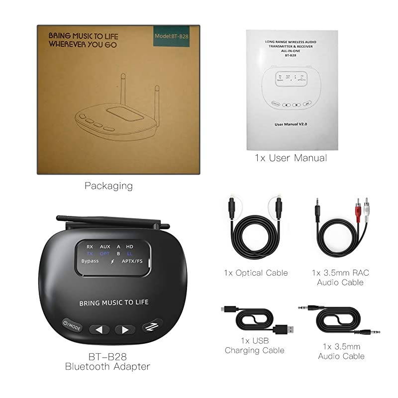 Long Range Bluetooth Latest V50 Transmitter Receiver PassThrough 3 in 1 164Ft Wireless Audio Adapter Low Latency Dual Link Optical RCA AUX 35mm for TV PC Home Stereo