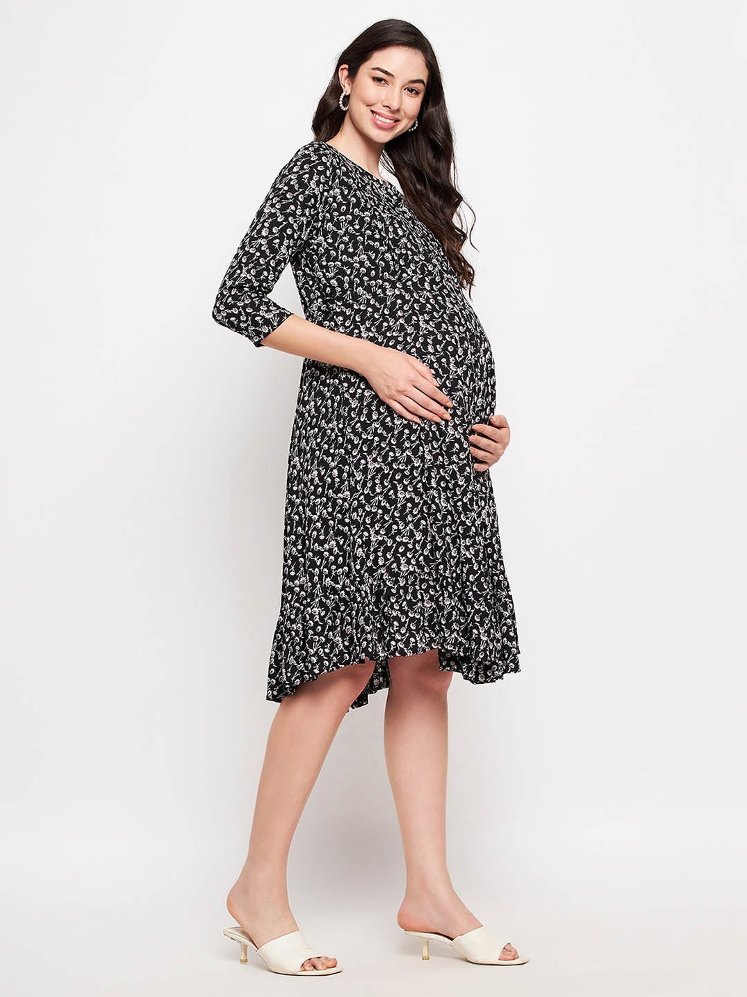 Hypernation Black Rayon Floral Print Maternity Dress