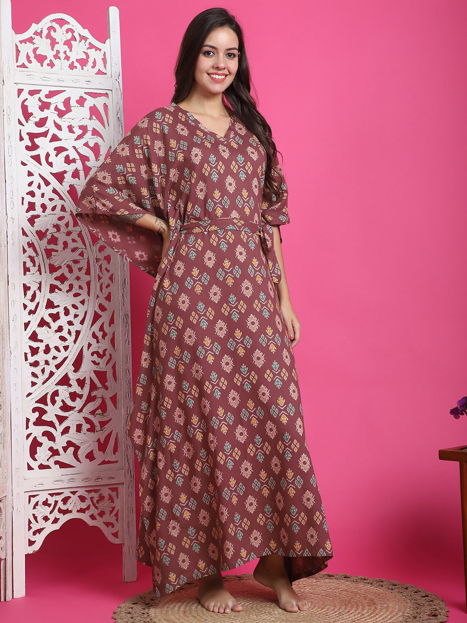 Boston Club Mauve Printed Kaftan Night Dress