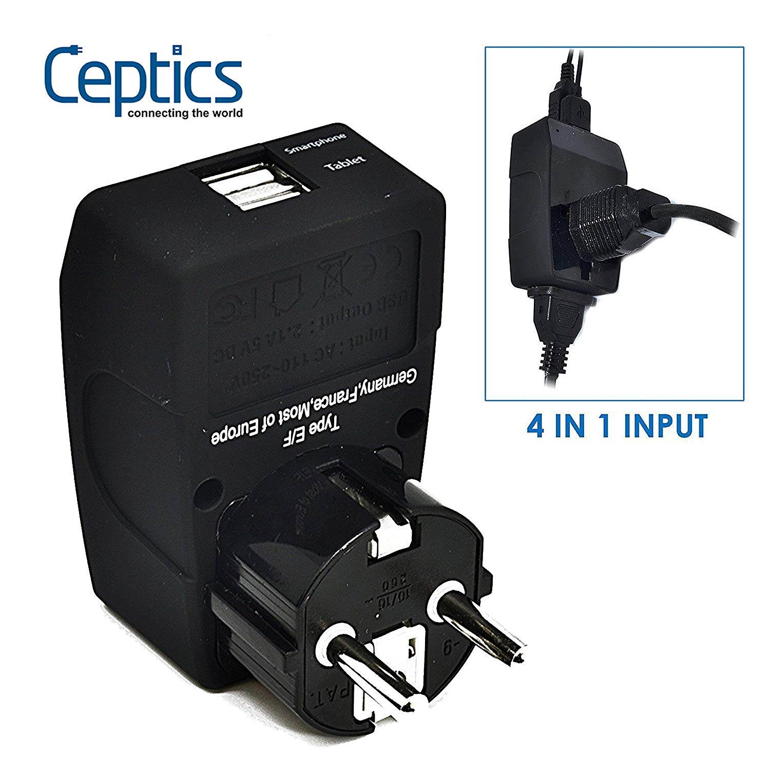 Ceptics 2 USB Europe, Germany, France Schuko Travel Adapter 4 in 1 Power Plug (Type E/F), Universal Socket accepts Plugs from any country, Perfect for Cell Phones, Laptops, Chargers & More (GP4-9)
