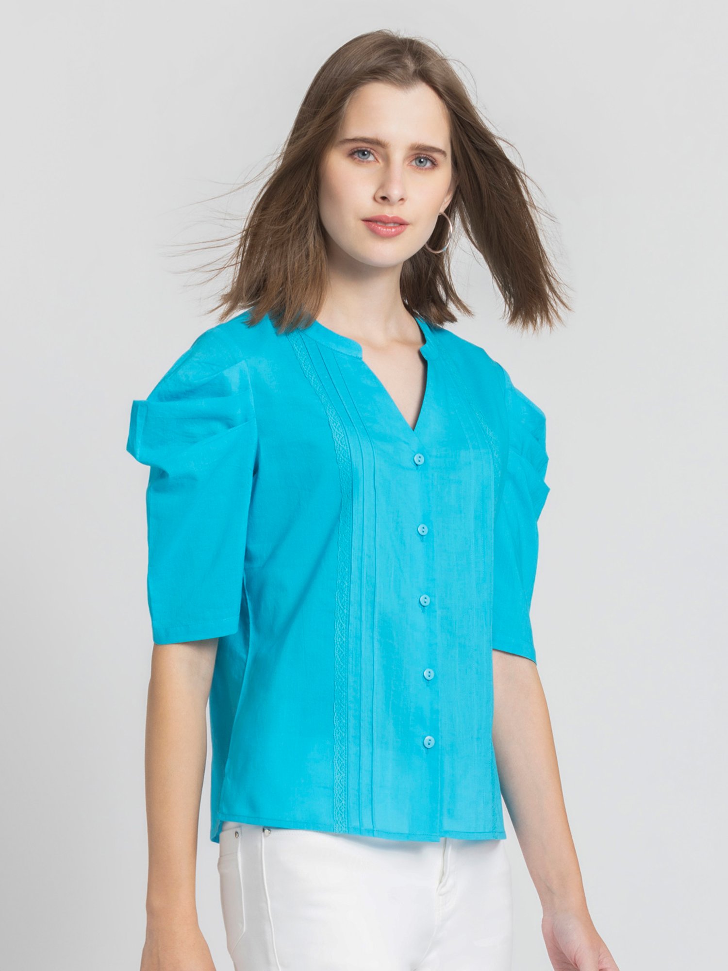 SHAYE Blue Cotton Regular Fit Top