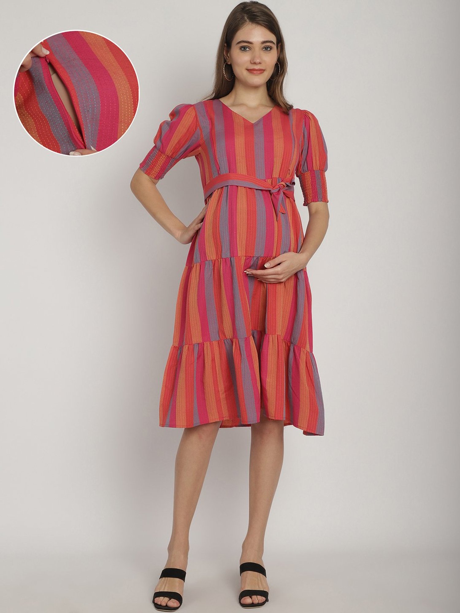 Moms Maternity Multicolor Striped Maternity Midi Dress