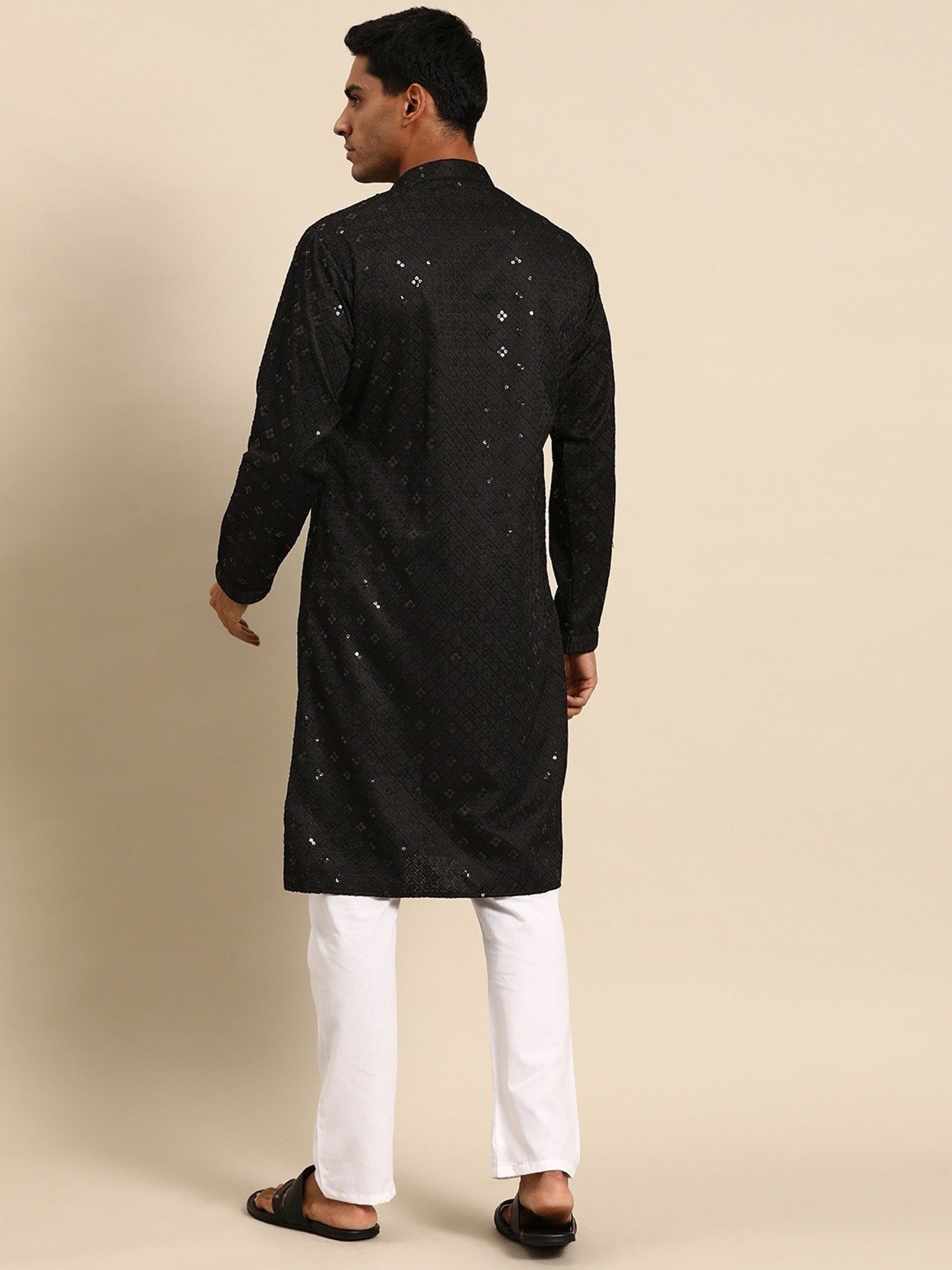ManQ Black & White Regular Fit Embroidered Kurta Bottom Set