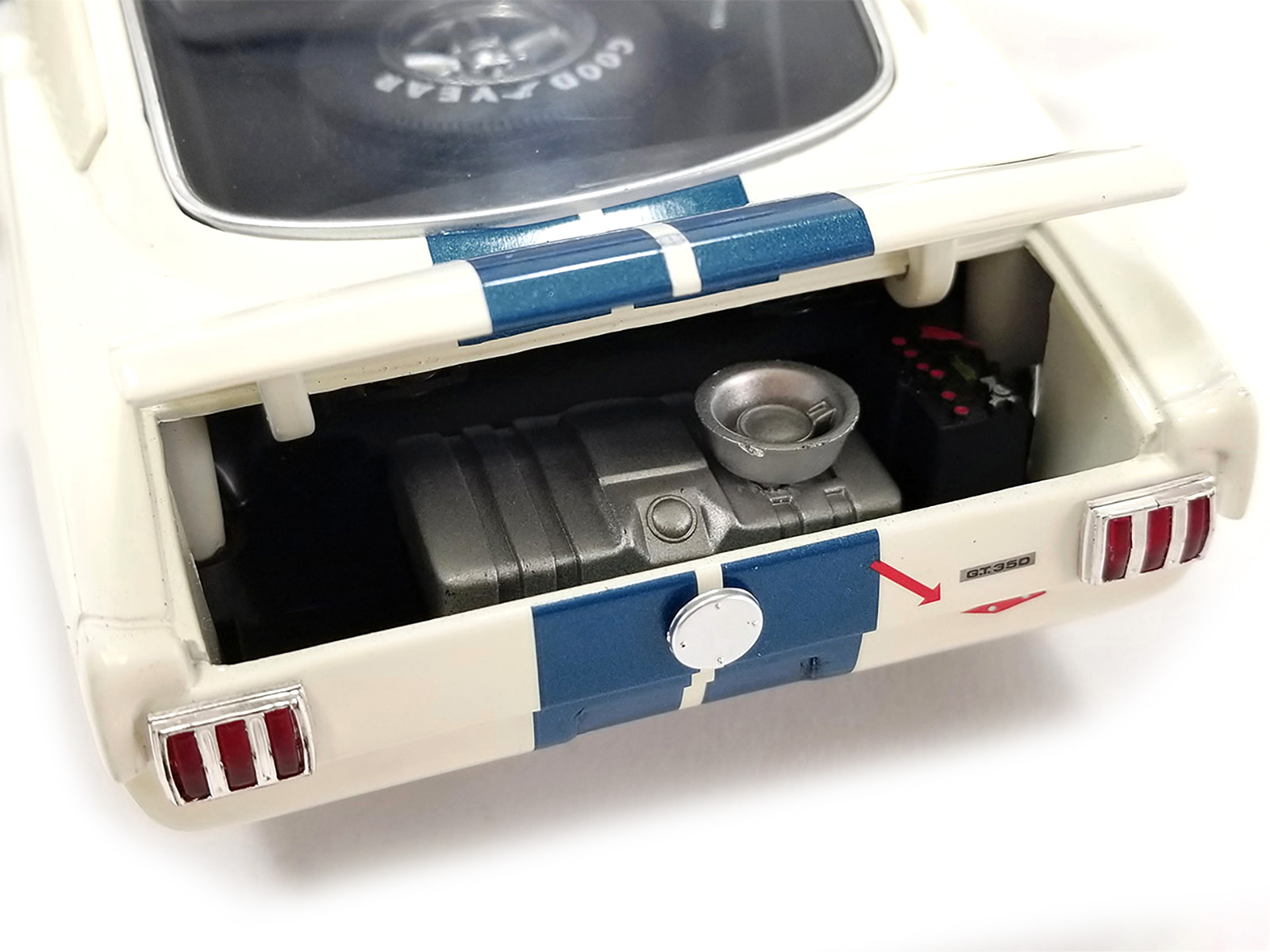 1965 Shelby Cobra 427 S/C Dark Blue Metallic with White Stripes with Printed Carroll Shelby's Signature on the Trunk 1/18 Diecast Model Car by Shelby Collectibles