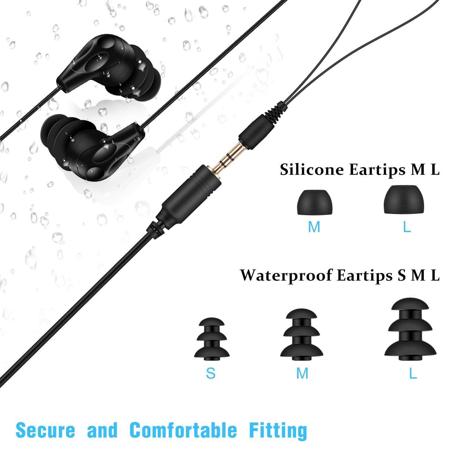 AGPTEK SE11 IPX8 Waterproof in-Ear Earphones, Coiled Swimming Earbuds with Stereo Audio Extension Cable, Black
