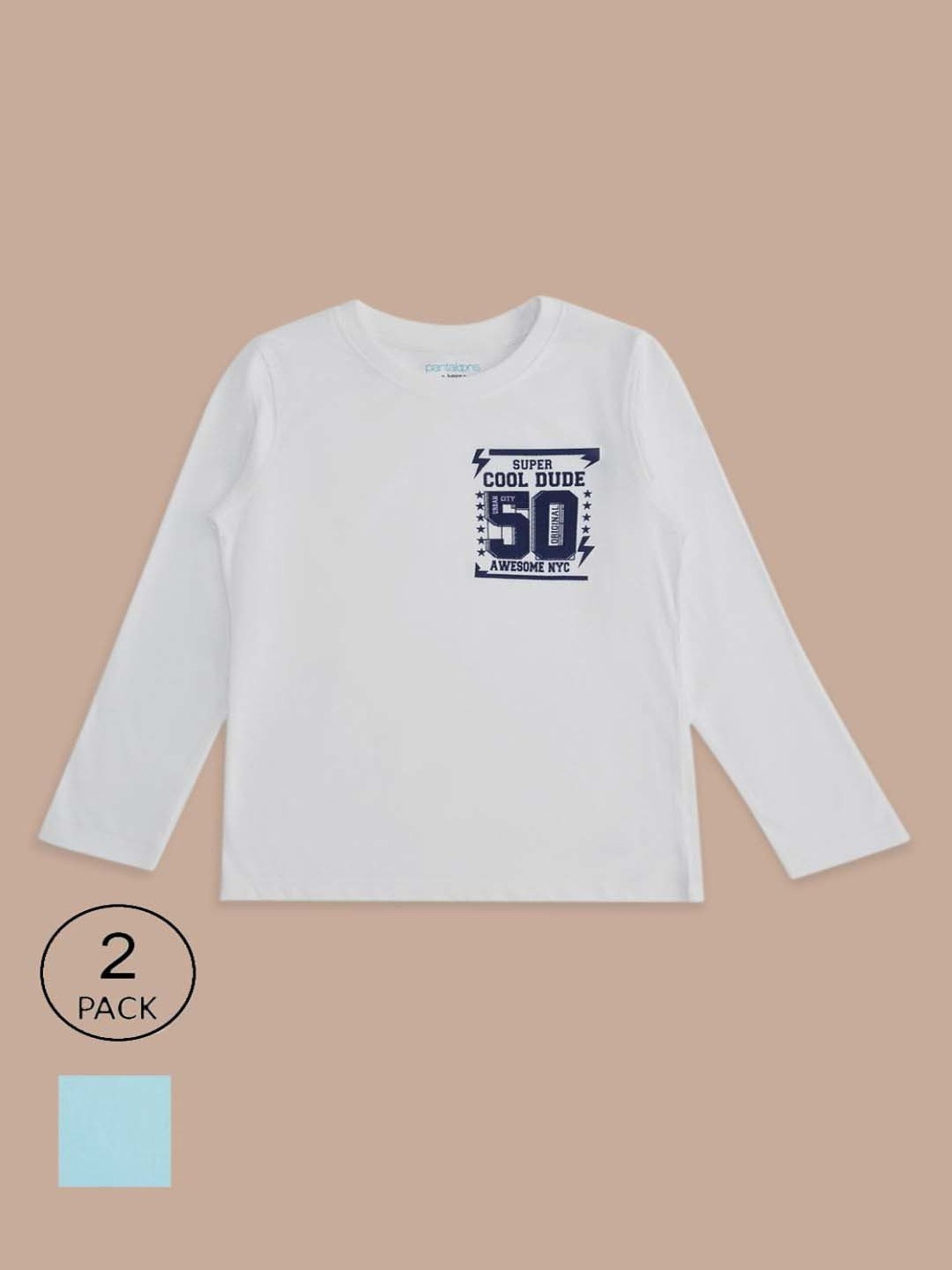 Pantaloons Baby Boys White & Blue Cotton Printed Full Sleeves T-Shirt