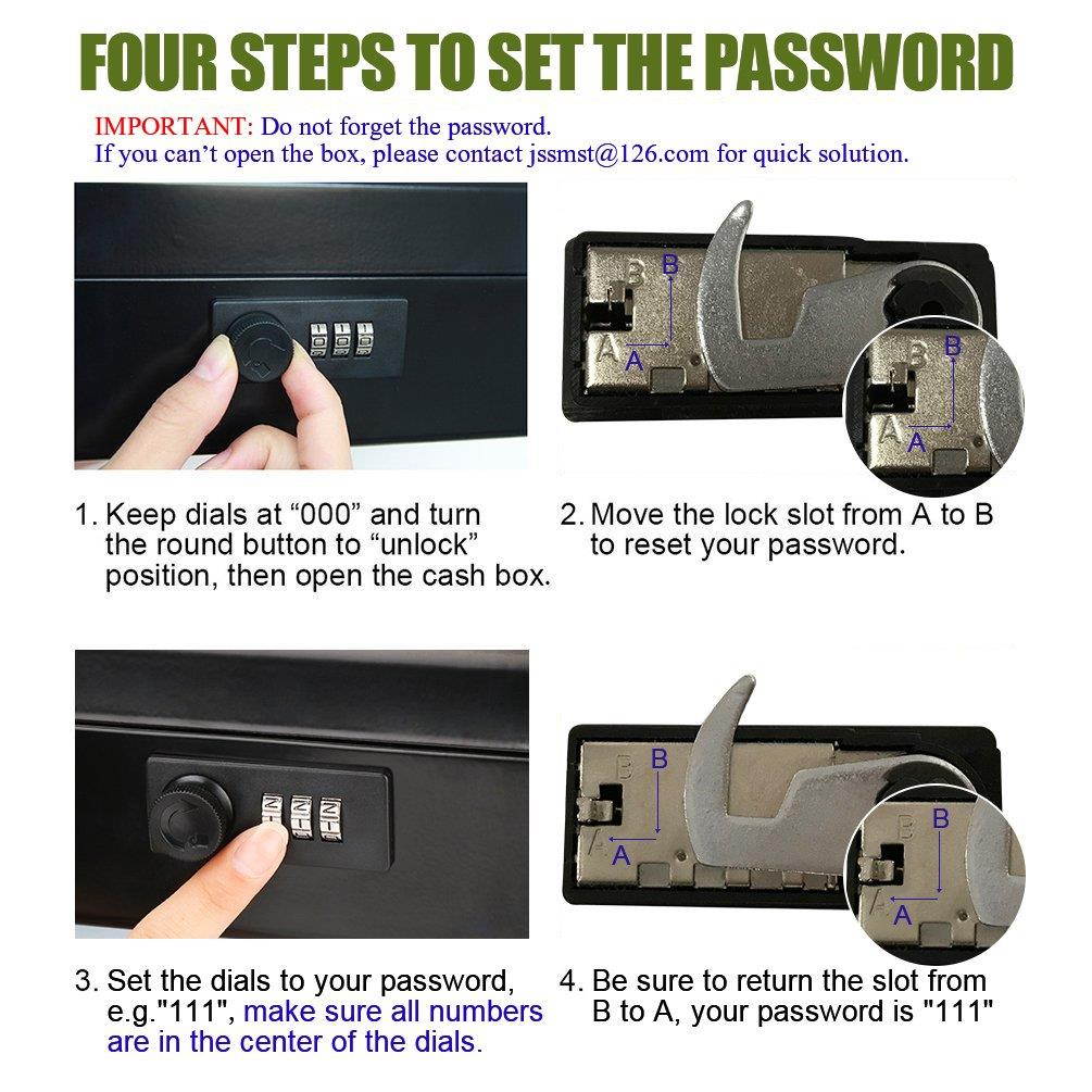 Jssmst Locking Large Metal Cash Box with Money Tray, Money Box with Combination Lock, Black