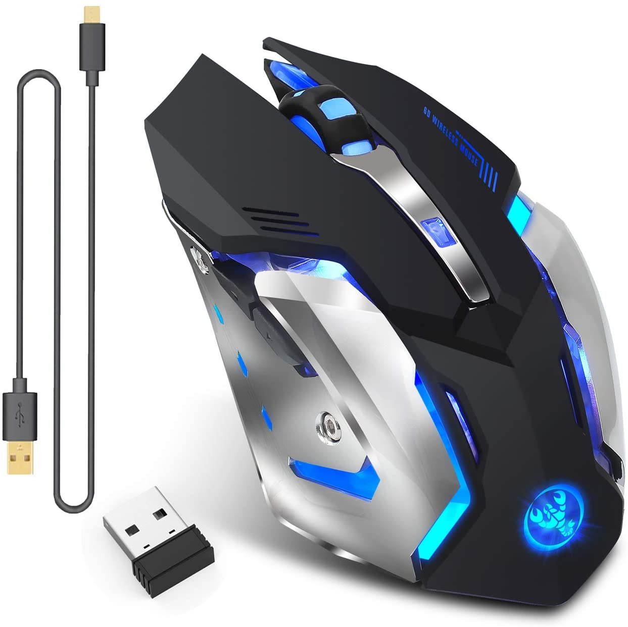 Rechargeable 2.4Ghz Wireless Mouse with USB Receiver, 7 Colors Backlit Gaming Mice for MacBook, Computer PC, Laptop (600Mah Lithium Battery) (Black)