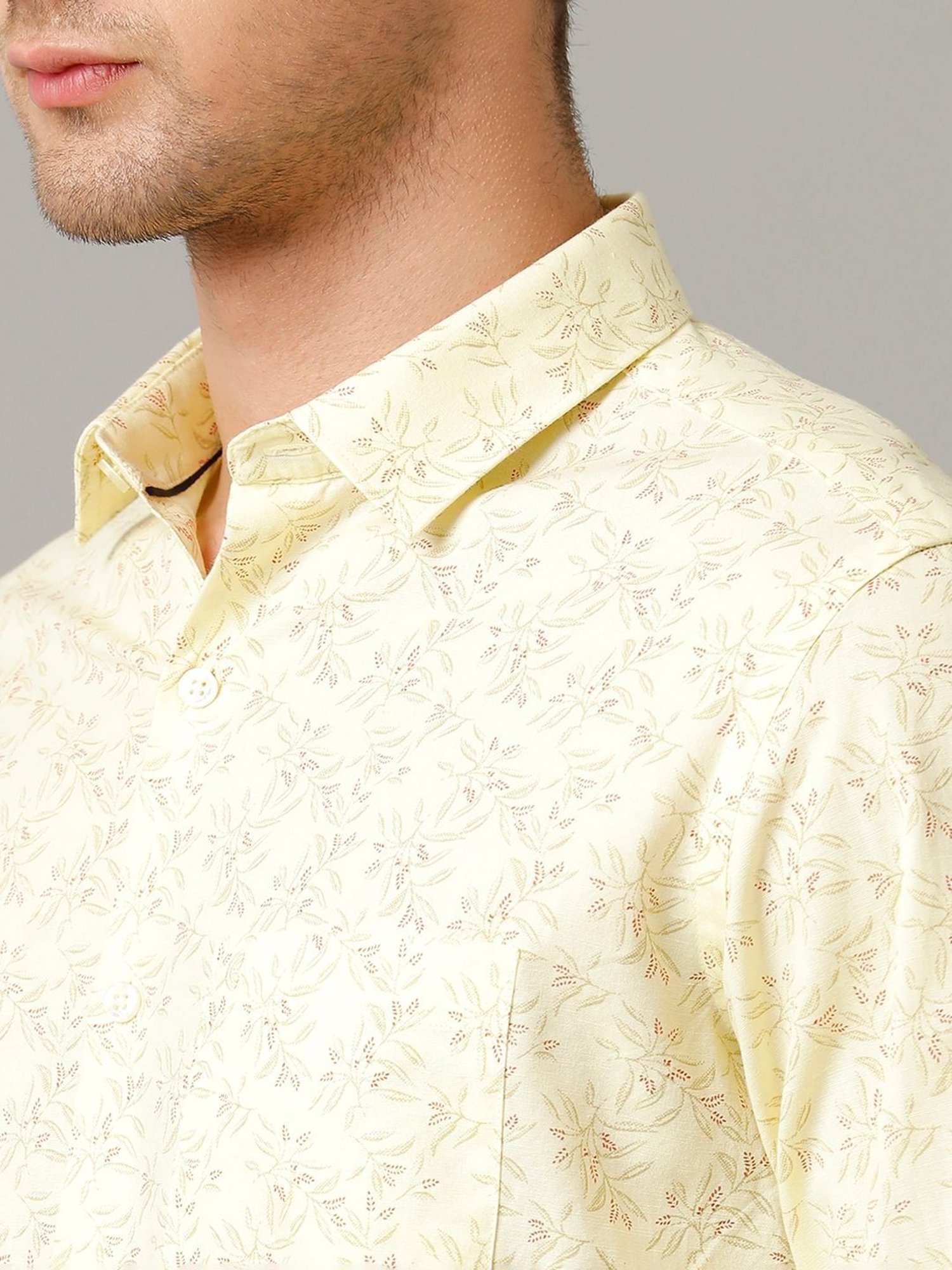 Cavallo By Linen Club Yellow Linen Contemporary Fit Printed Shirt