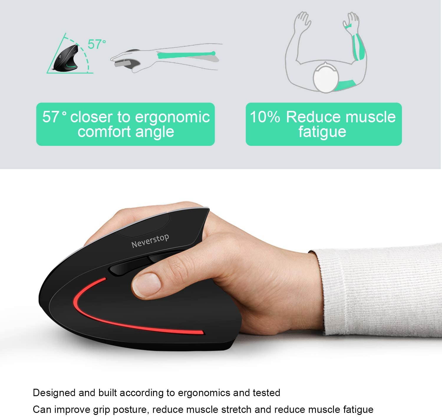 Wired vertical mouse, optical ergonomic mouse, with 4 adjustable DPI 800/1200/2000/3200, 6 button USB computer mouse, 4 color LED lights