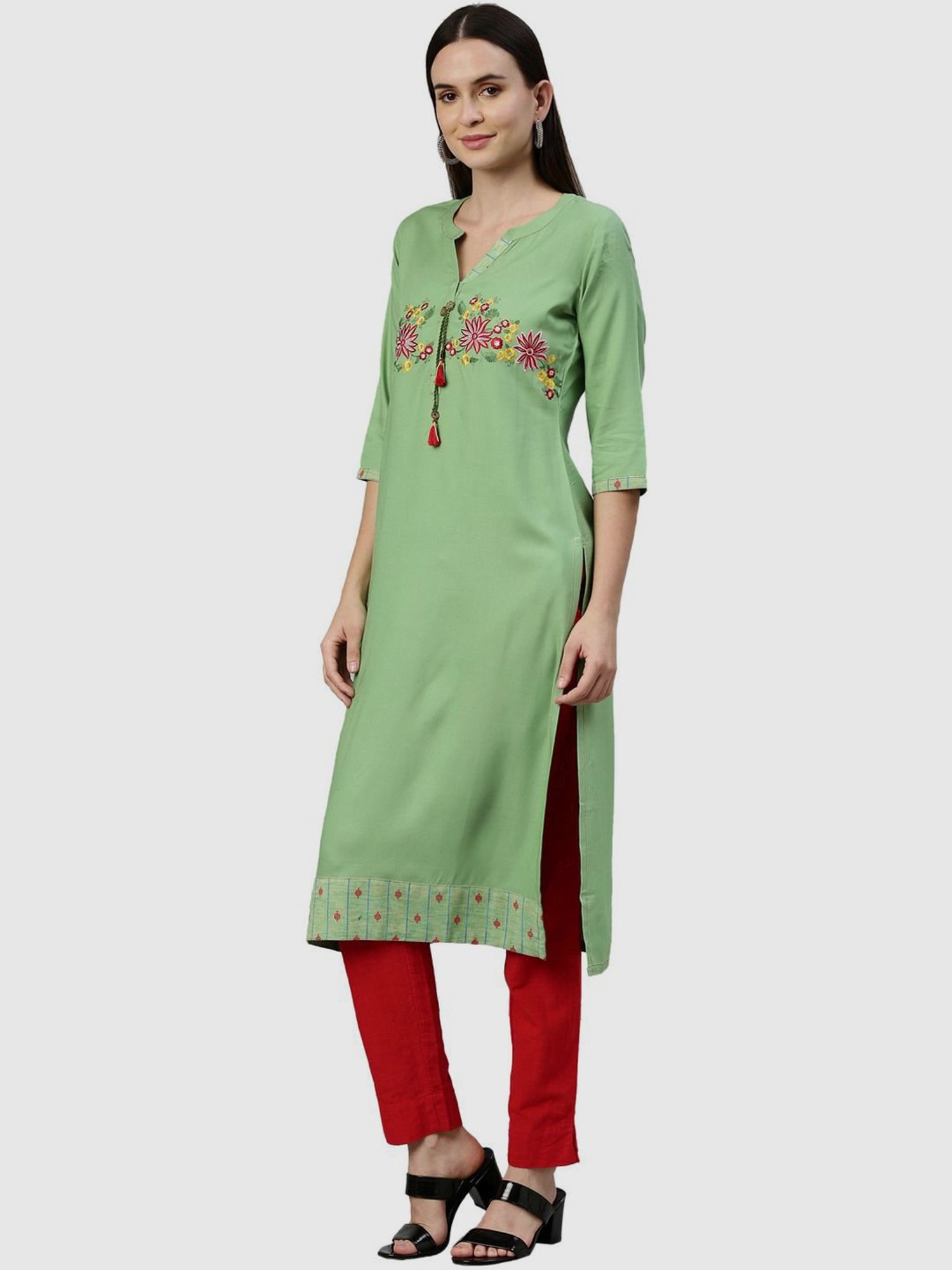 Neerus Pista Green Embroidered Straight Kurta