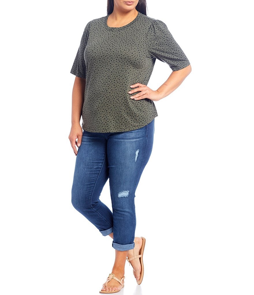 Democracy Plus Size Dot Print Jewel Neck Elbow Sleeve Knit Tee