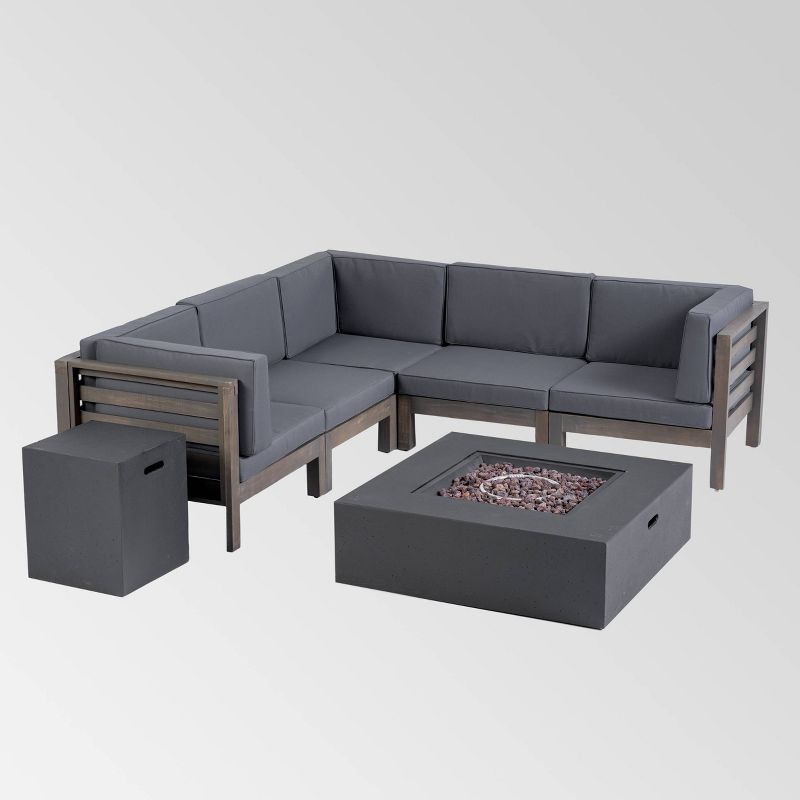 Oana 7pc Acacia V-Shaped Sectional Sofa with Fire Pit Set - Gray/Dark Gray - Christopher Knight Home