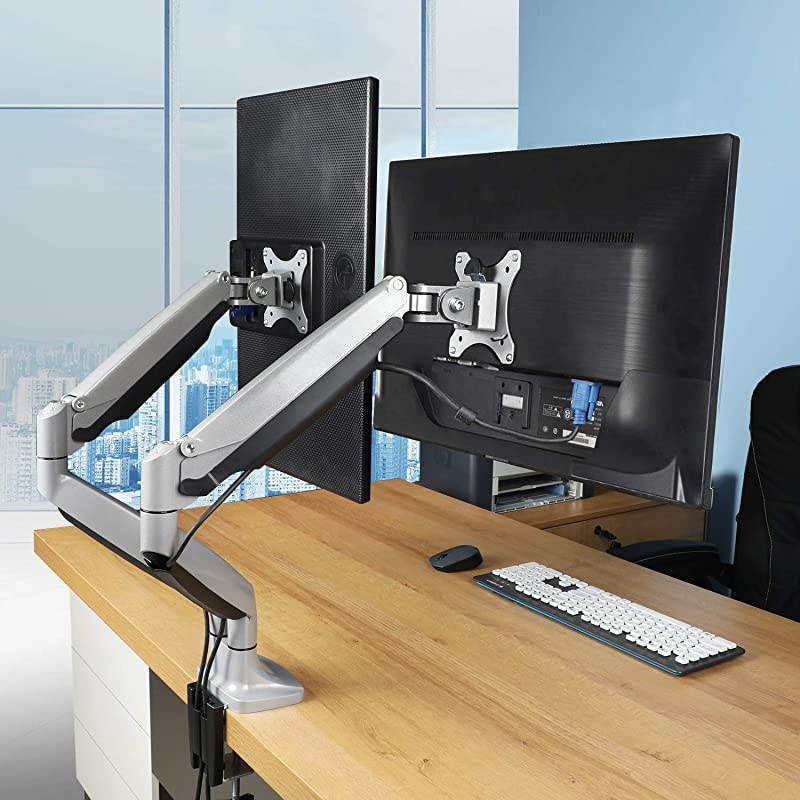 Dual Monitor Mount Stand Aluminum Gas Spring Monitor Arm Desk Mount Full Motion Adjustable VESA Bracket for 2 13 to 32 Inch Computer Screen with Clamp Grommet Base
