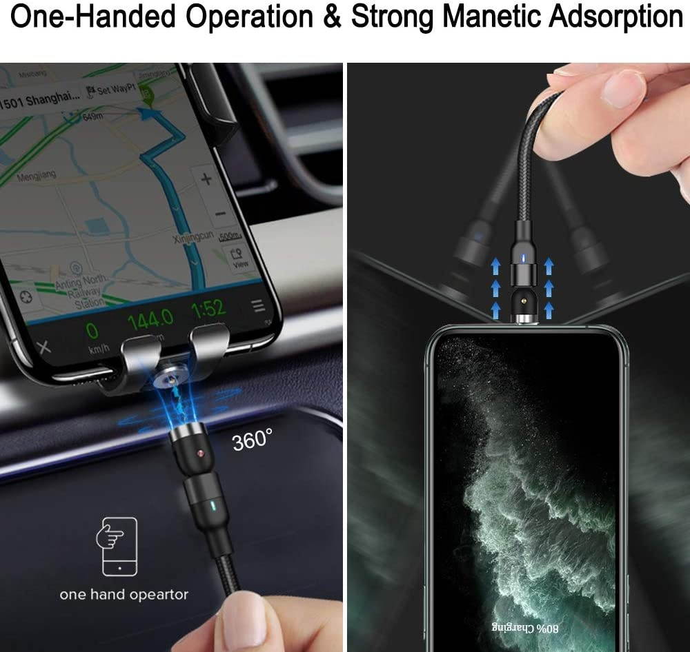 Magnetic Charging Cable 10ft [3-Pack] Melonboy 360&deg&180&deg Rotation Magnetic Phone Charger Cable Nylon Braided 3 in 1 Magnetic Cable Compatible with Micro USB Type C and iProduct - Black