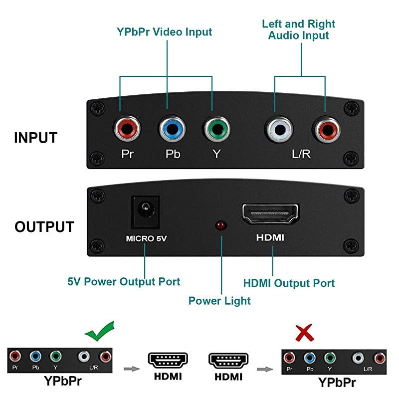 Component to HDMI Converter 5RCA Component RGB YPbPr to HDMI Converter v13 HDCP Video Audio Converter Adapter for DVD PSP Xbox 360 to New HDTV or Monitor1080P Black