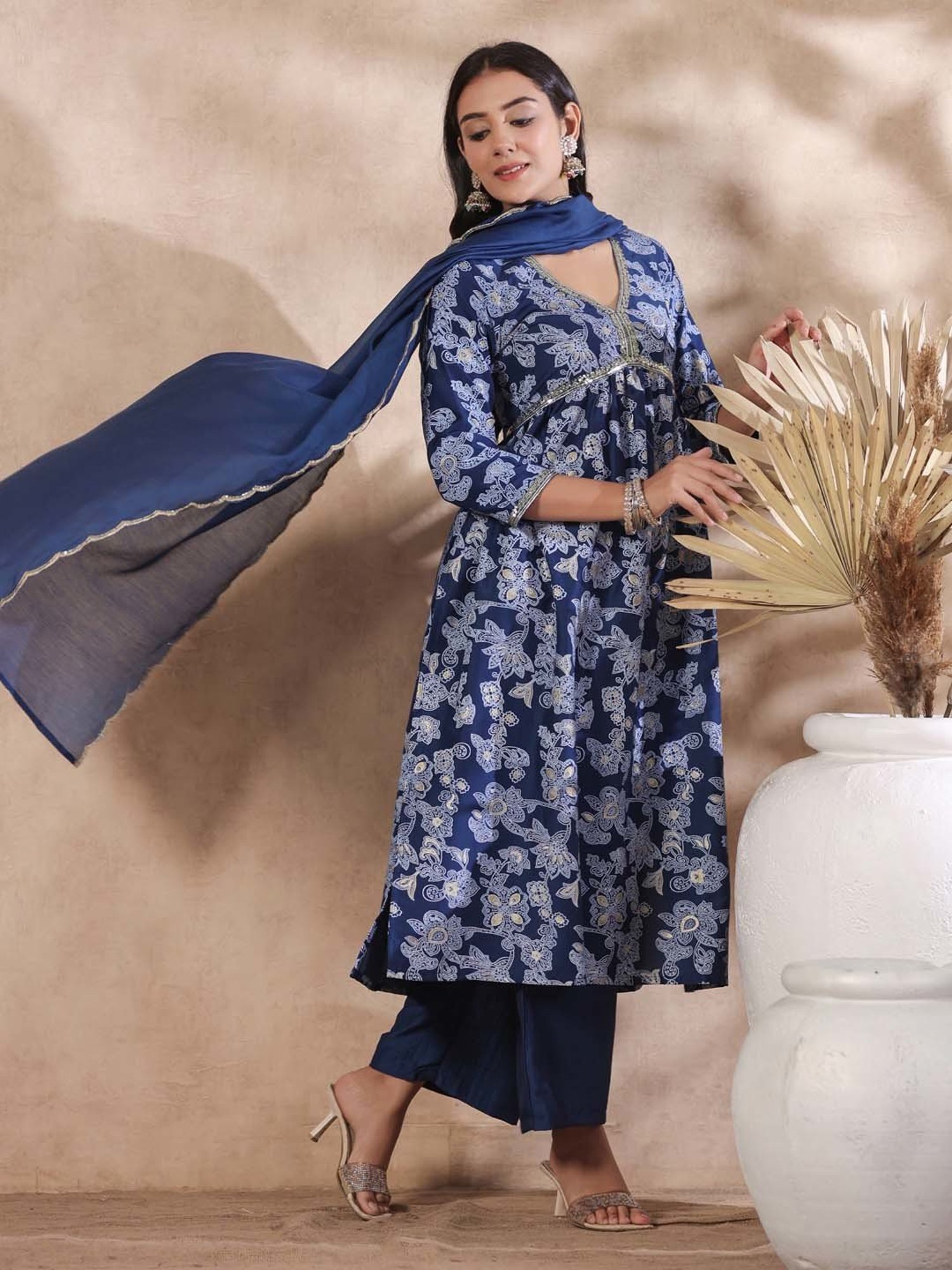 Ishin Navy Printed Kurta With Palazzo & Dupatta