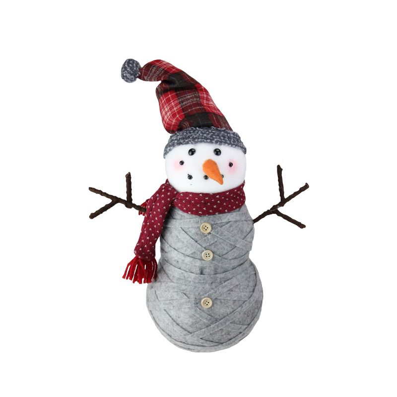 Diva At Home 18.5" Woven Style Sweater Snowman with Plaid Hat Christmas Tabletop Decoration