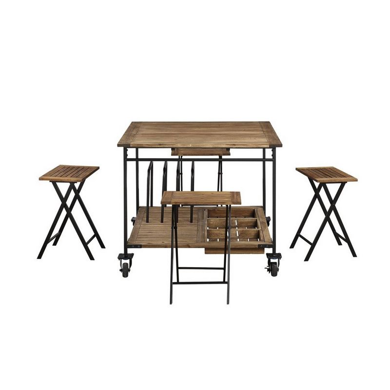 5pc Plank Design Wooden Dining Set with Foldable Stools Brown - Benzara