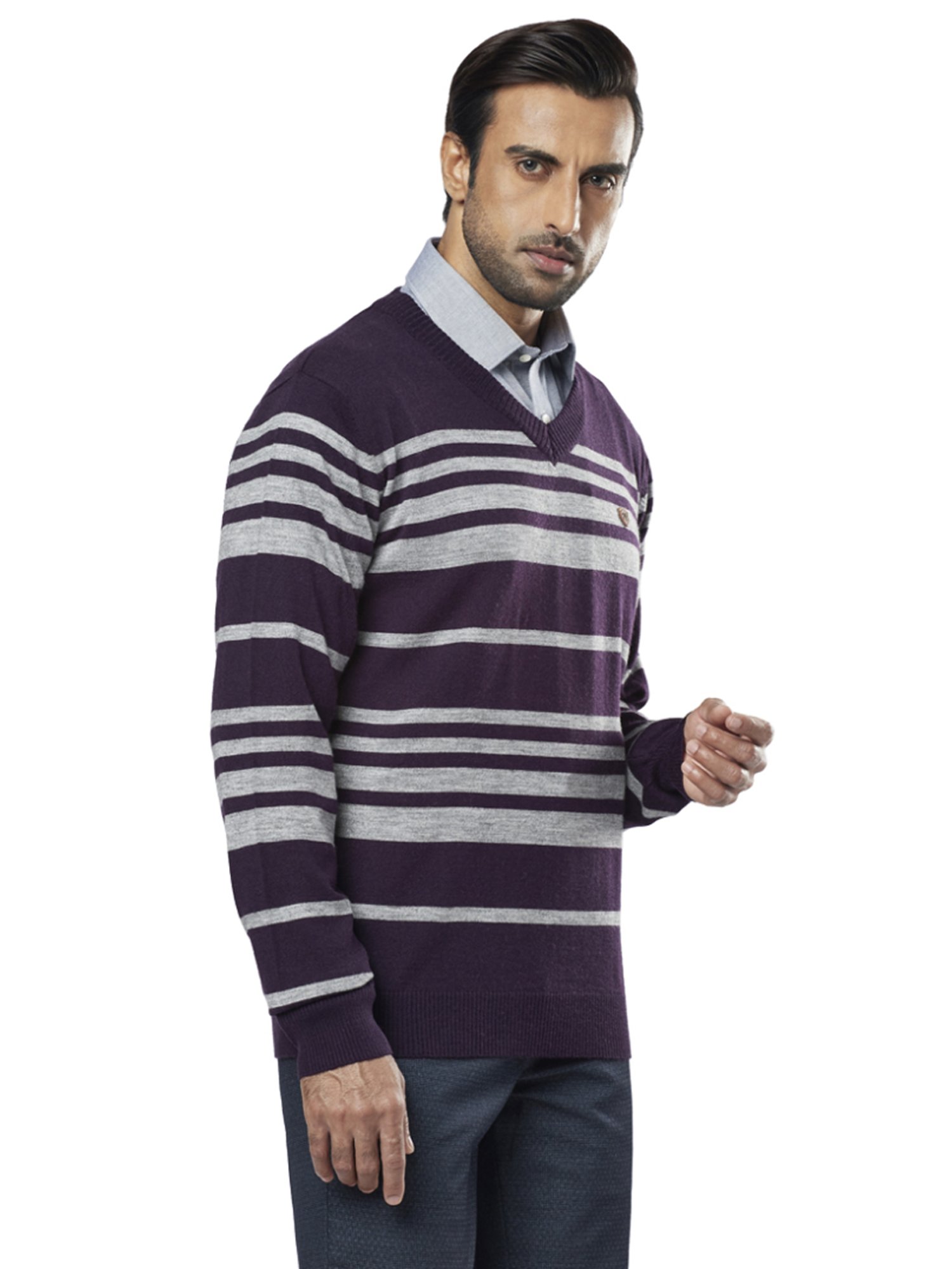 Raymond Purple  Regular Fit Striped Sweaters